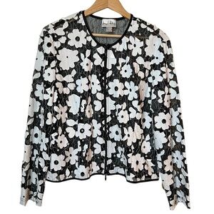 Joseph Ribkoff Zip Front Mesh Floral Applique Jacket, Size 16 Black White